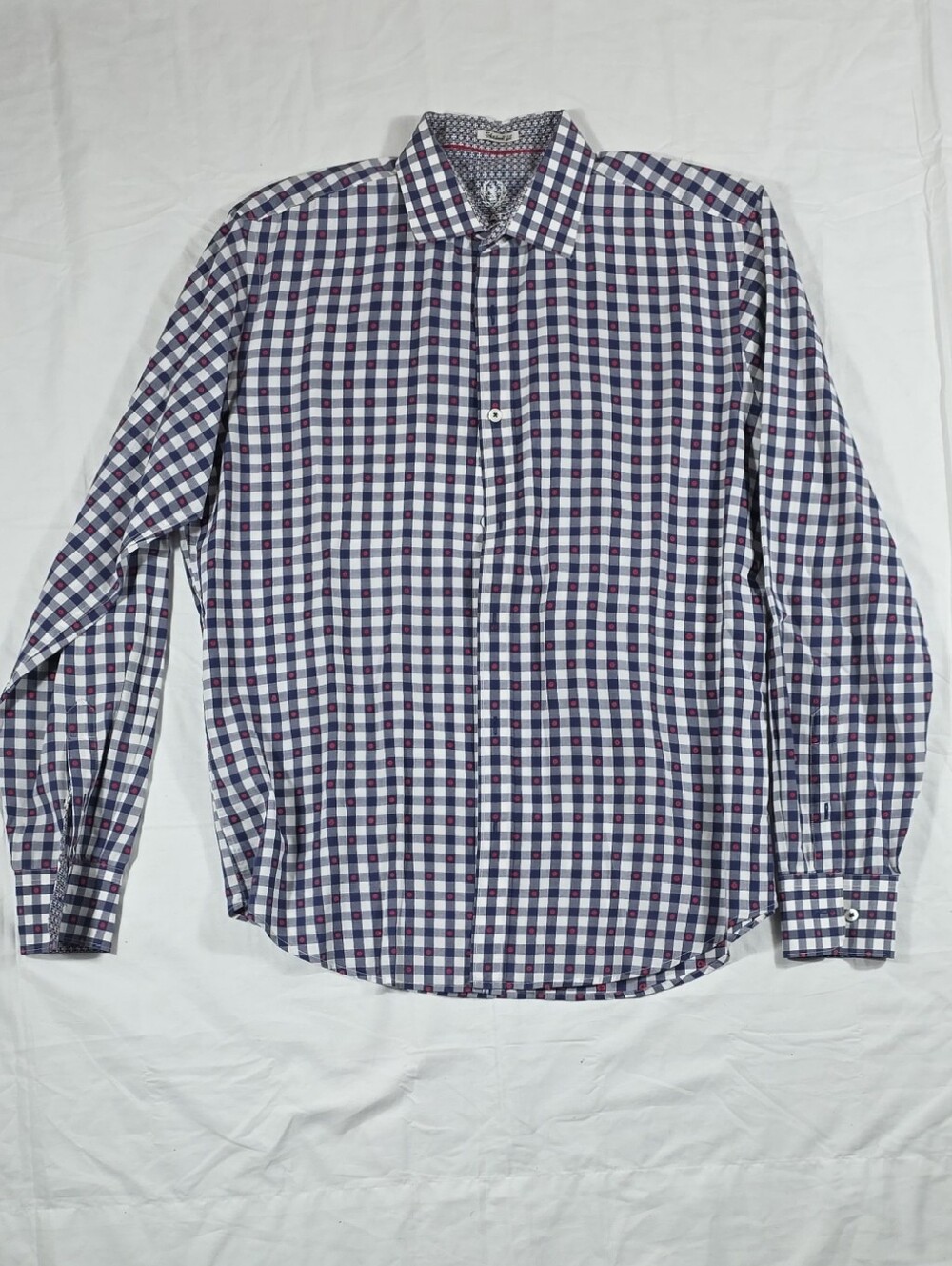 Bugatchi Men's White, Navy & Burgundy Check Dress Shirt